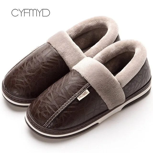 Men slippers leather winter warm house slippers waterproof 2020