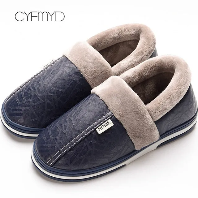 Men slippers leather winter warm house slippers waterproof 2020