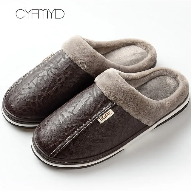 Men slippers leather winter warm house slippers waterproof 2020