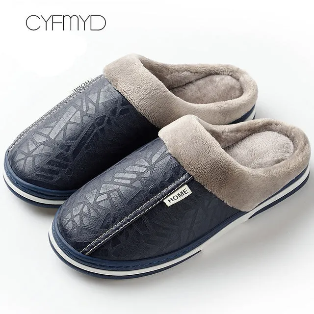 Men slippers leather winter warm house slippers waterproof 2020