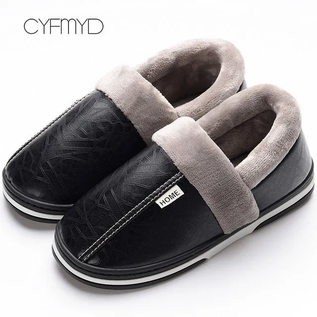 Men slippers leather winter warm house slippers waterproof 2020