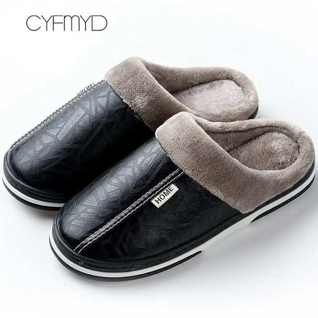 Men slippers leather winter warm house slippers waterproof 2020