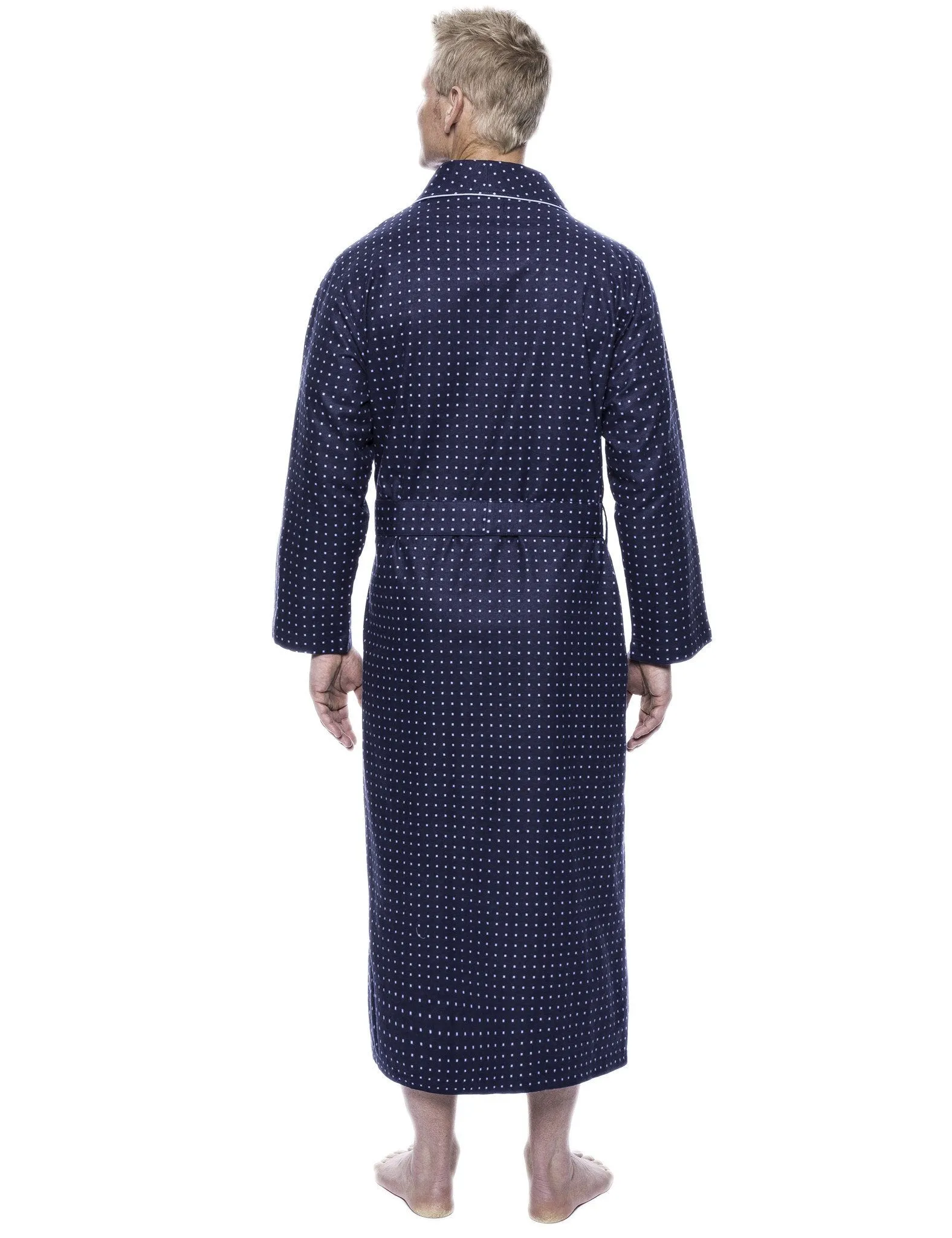 Men's 100% Cotton Flannel Long Robe - Floating Squares Dark Blue