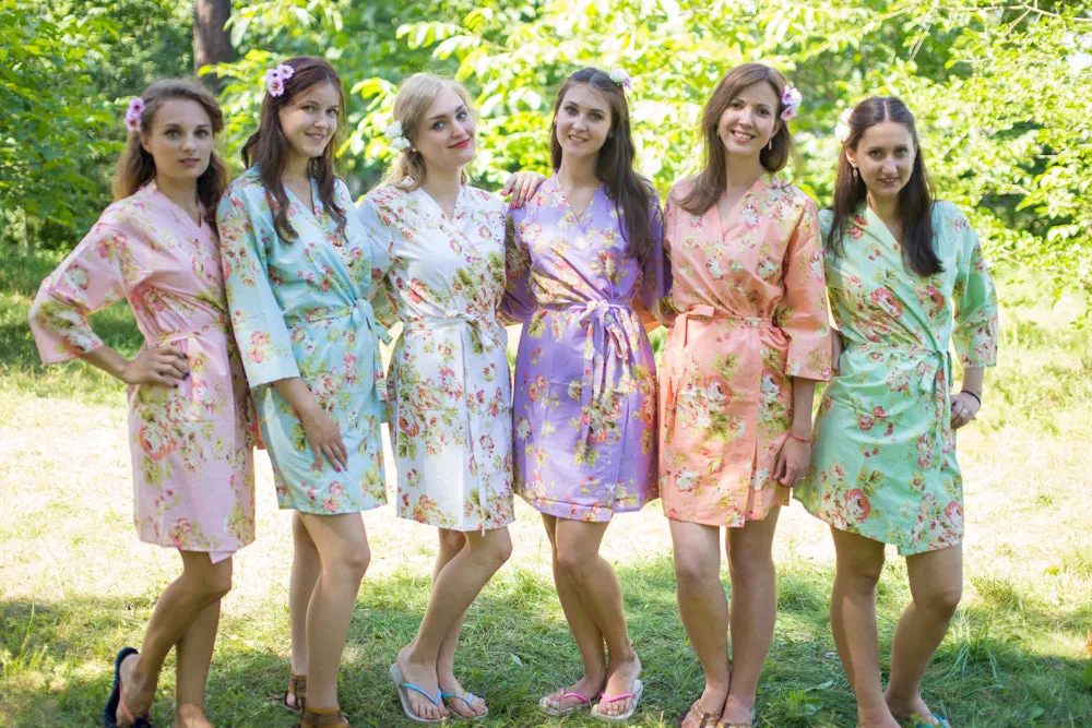 Mismatched Flower Rain Patterned Bridesmaids Robes in Soft Tones