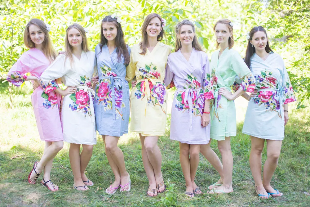 Mismatched One Long Flower Patterned Bridesmaids Robes in Soft Tones