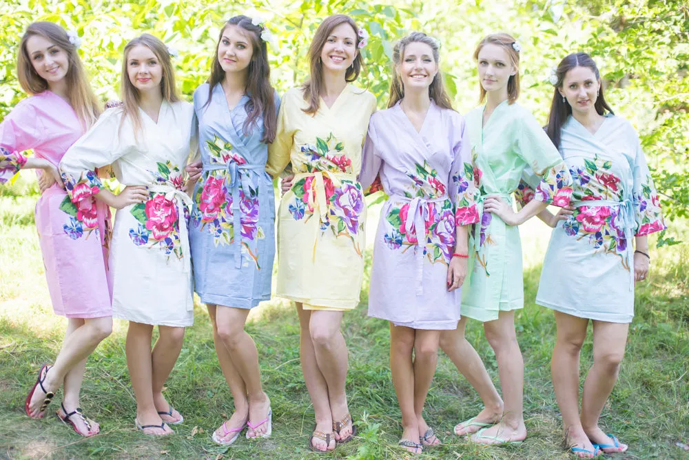 Mismatched One Long Flower Patterned Bridesmaids Robes in Soft Tones