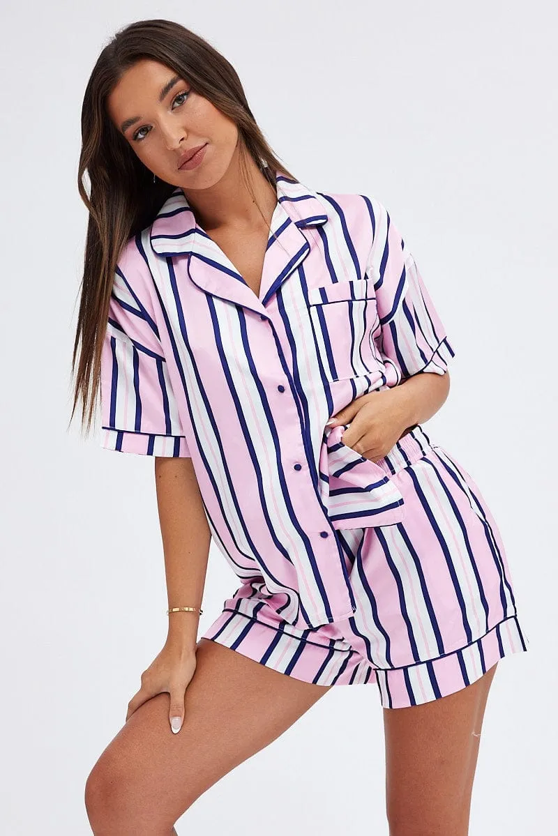 Multi Print Satin Pj Multi Stripe Piping Pyjama Set