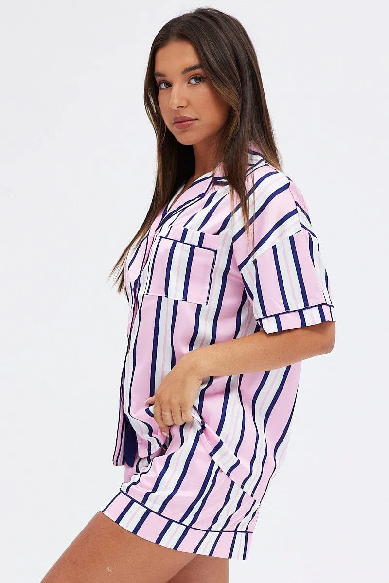 Multi Print Satin Pj Multi Stripe Piping Pyjama Set