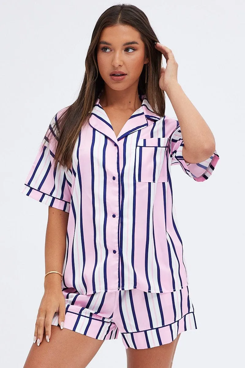 Multi Print Satin Pj Multi Stripe Piping Pyjama Set