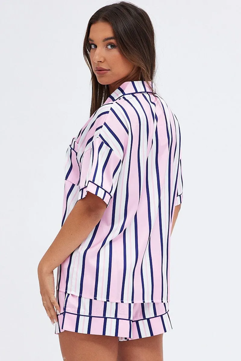 Multi Print Satin Pj Multi Stripe Piping Pyjama Set