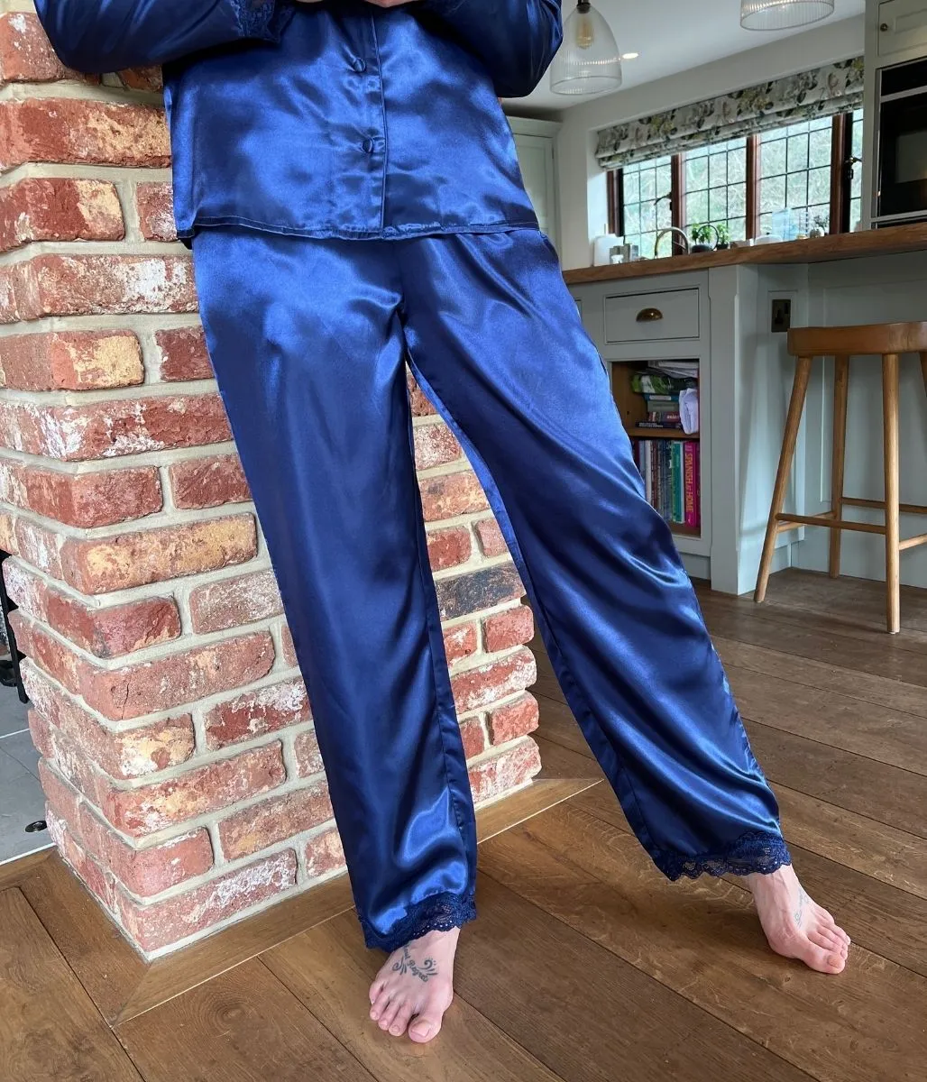 Navy Lace Trim Satin Pyjamas