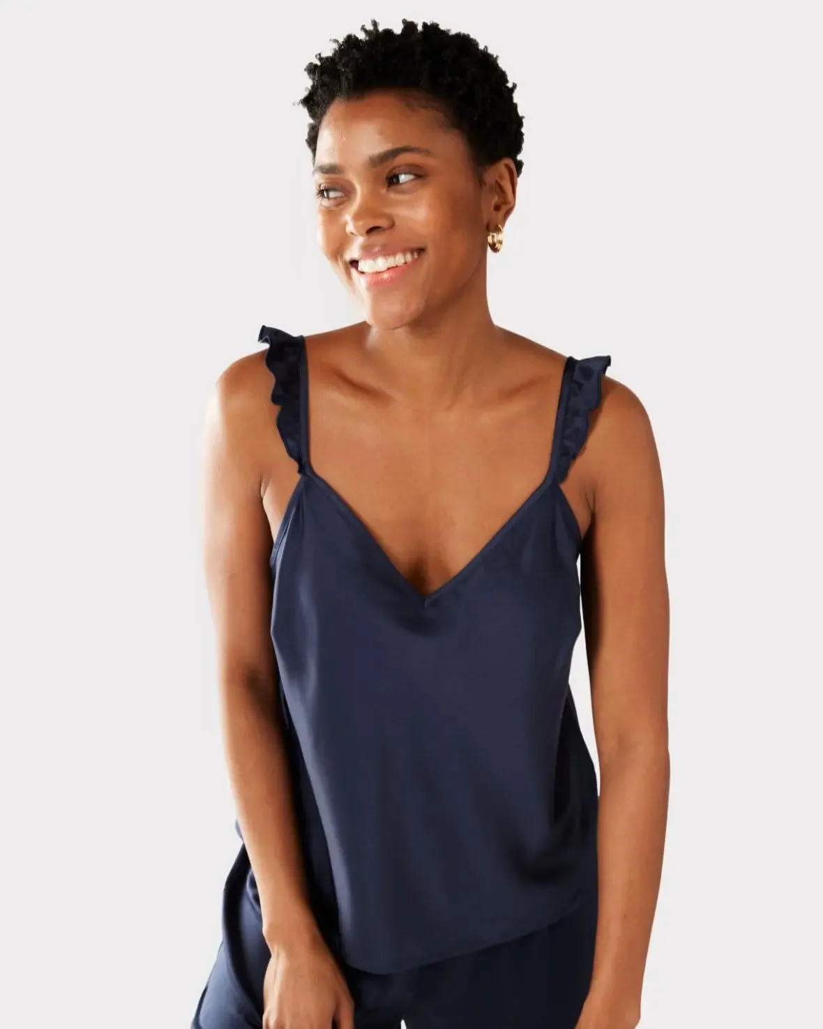 Navy Satin Frill Trim Cami Short Pyjama Set