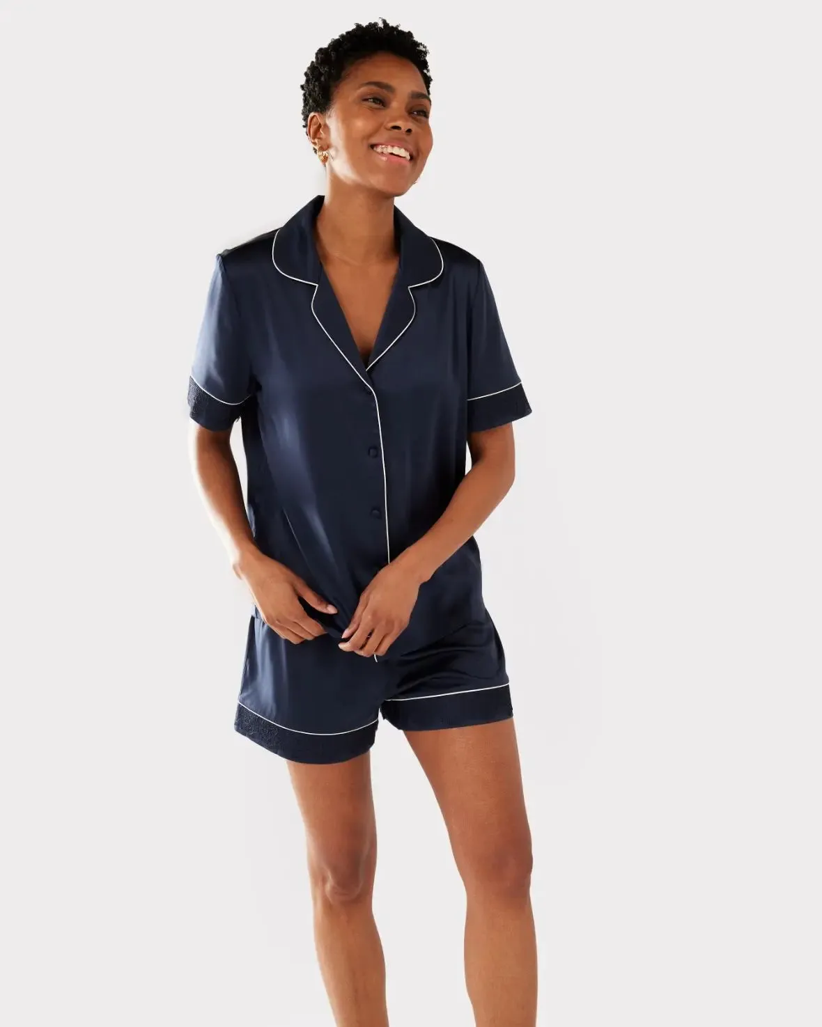 Navy Satin Lace Trim Short Pyjama Set