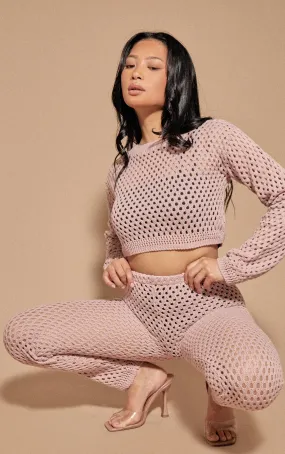 Net Mesh Knitted Crop Top & Pants Set - Pink