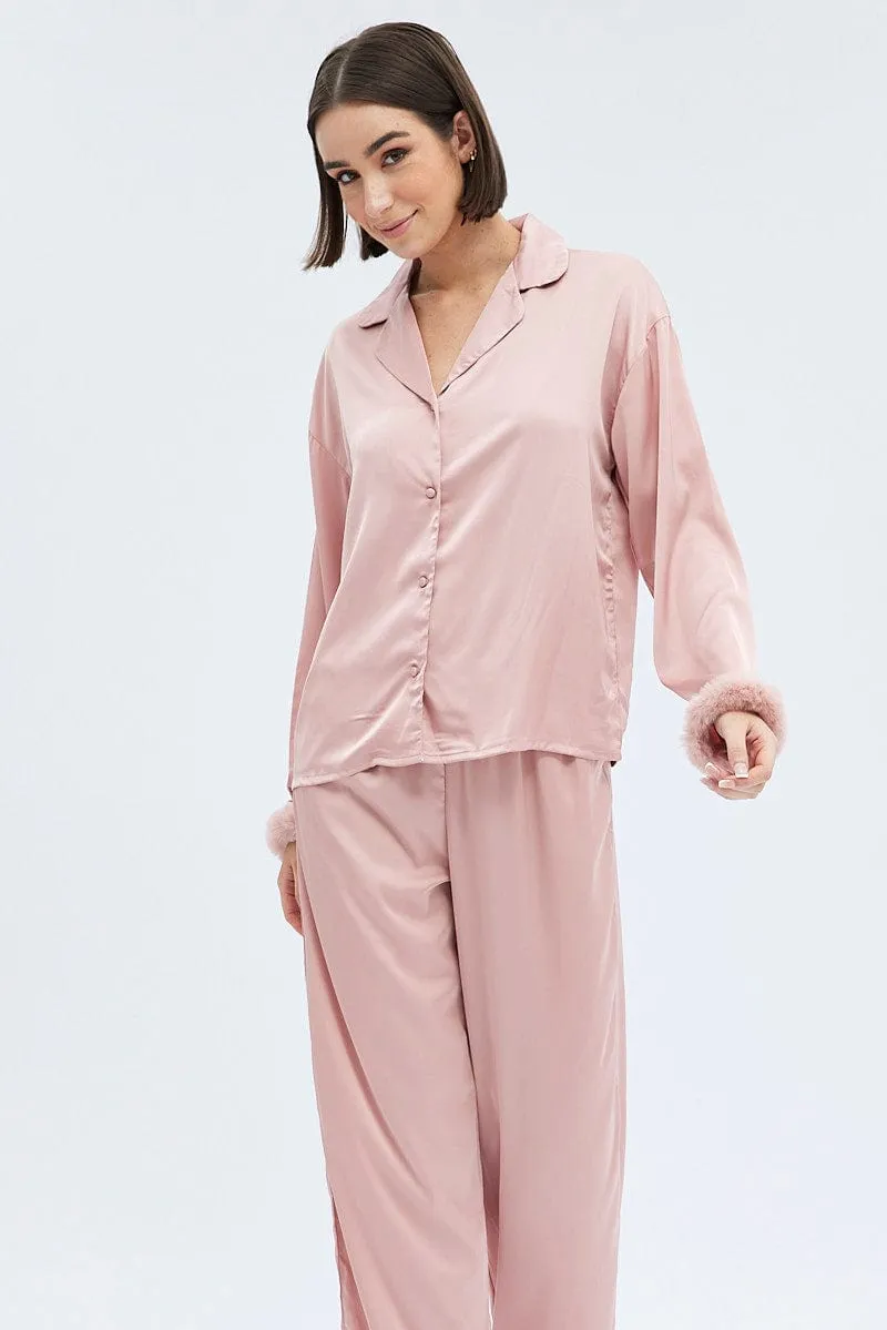 Pink Fur PJ Dusty Pink Satin Fluffy Trim Pyjama Set