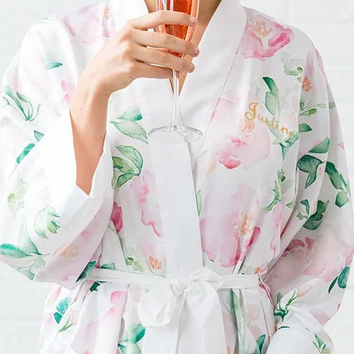 PINK WATERCOLOR FLORAL SILKY KIMONO ROBE ON WHITE