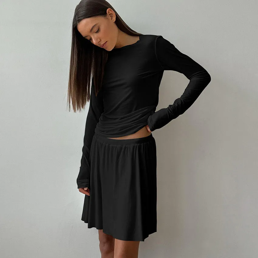 Rayon Slim Fit Long Sleeve Short Dress Two Piece Casual Thin See Through Knitted Ladies Homewear