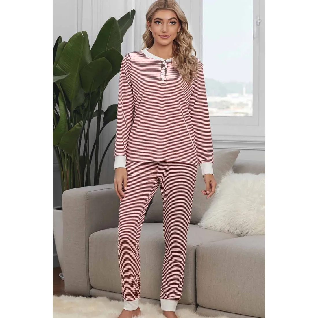 Red & White Long Sleeves Loungewear Set