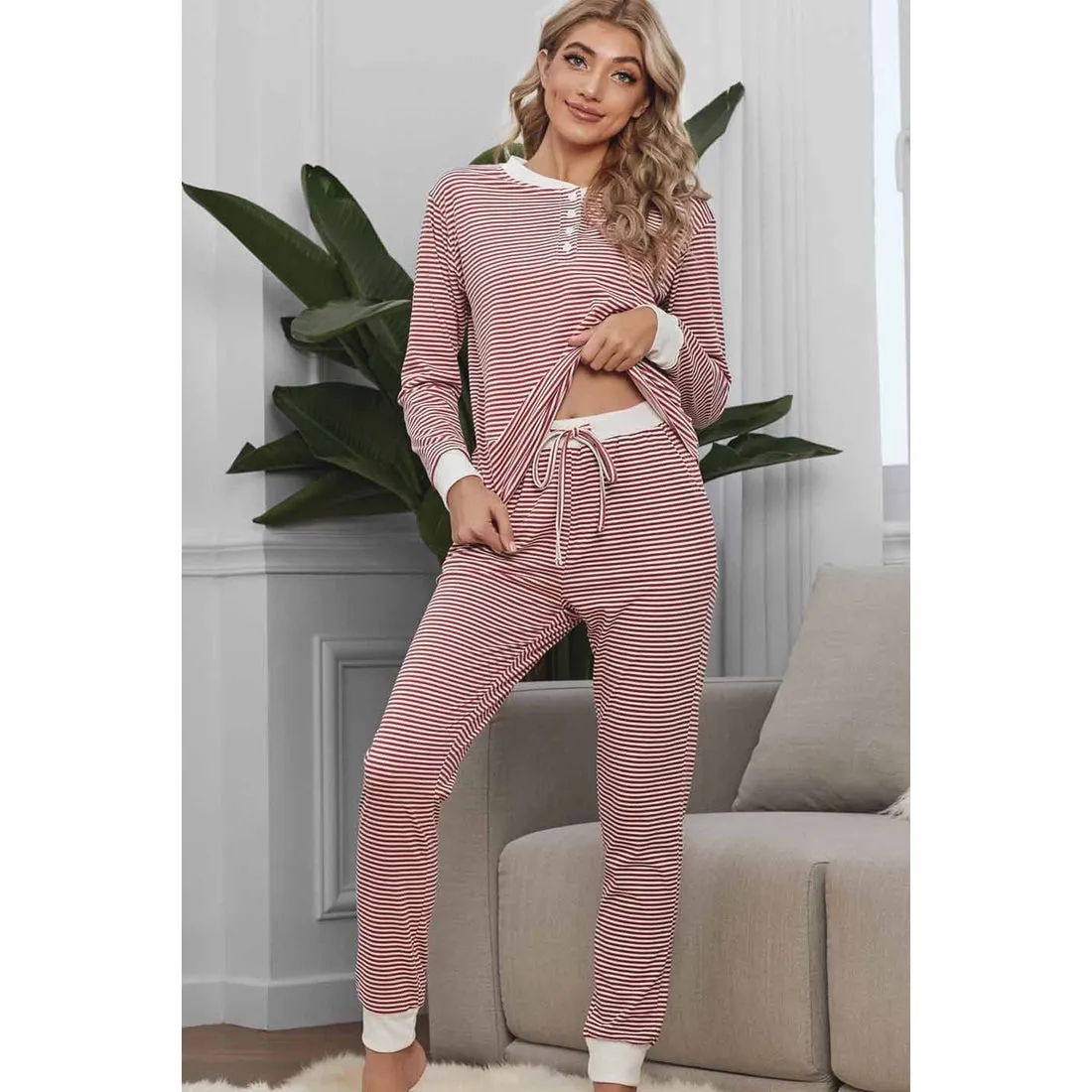 Red & White Long Sleeves Loungewear Set