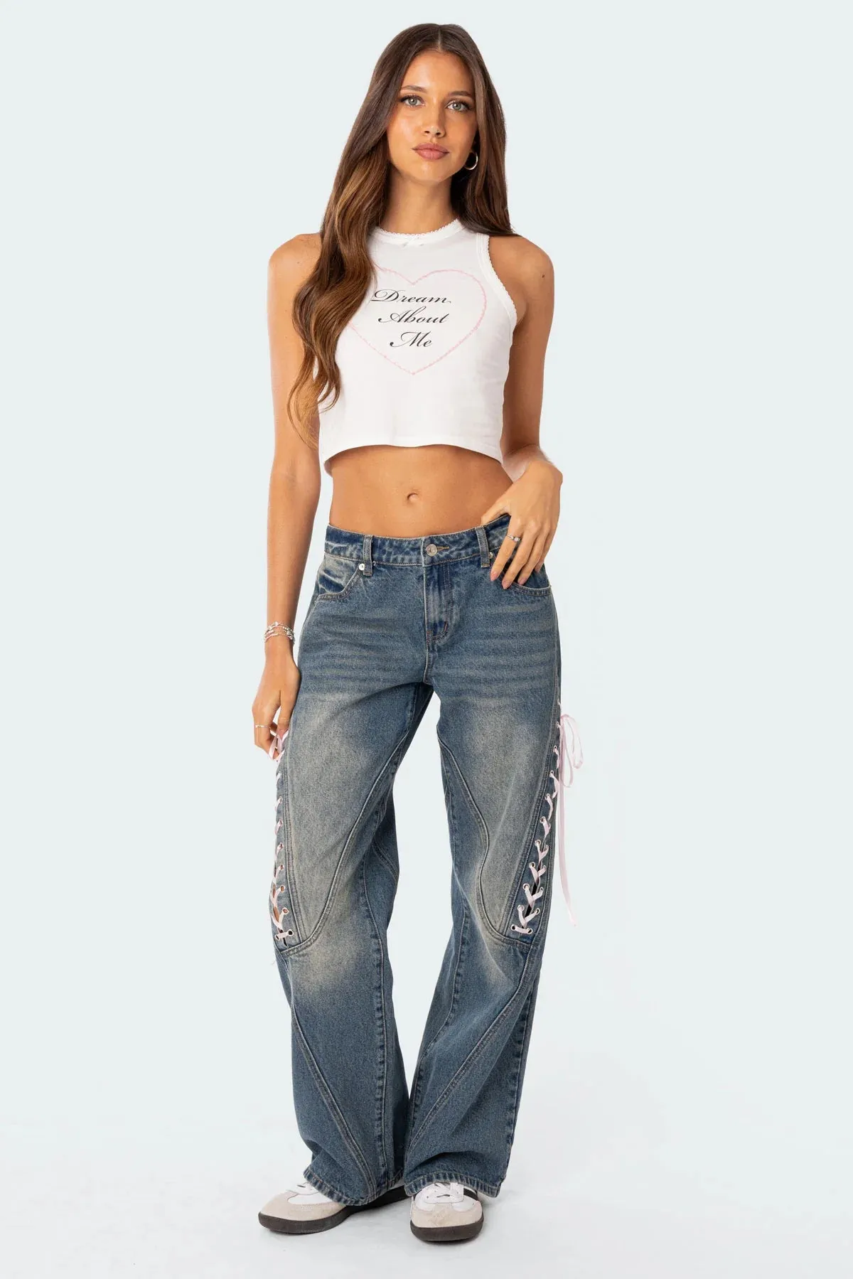 Ribbon Lace-Up Low Rise Jeans