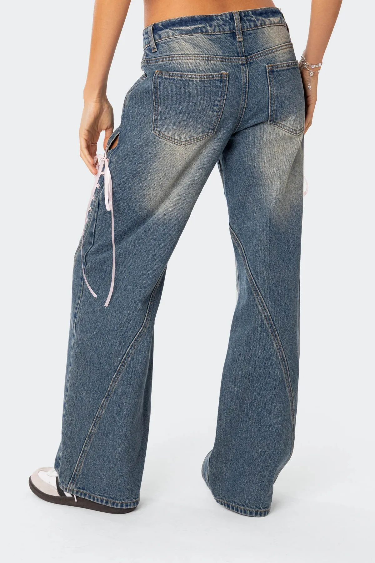 Ribbon Lace-Up Low Rise Jeans