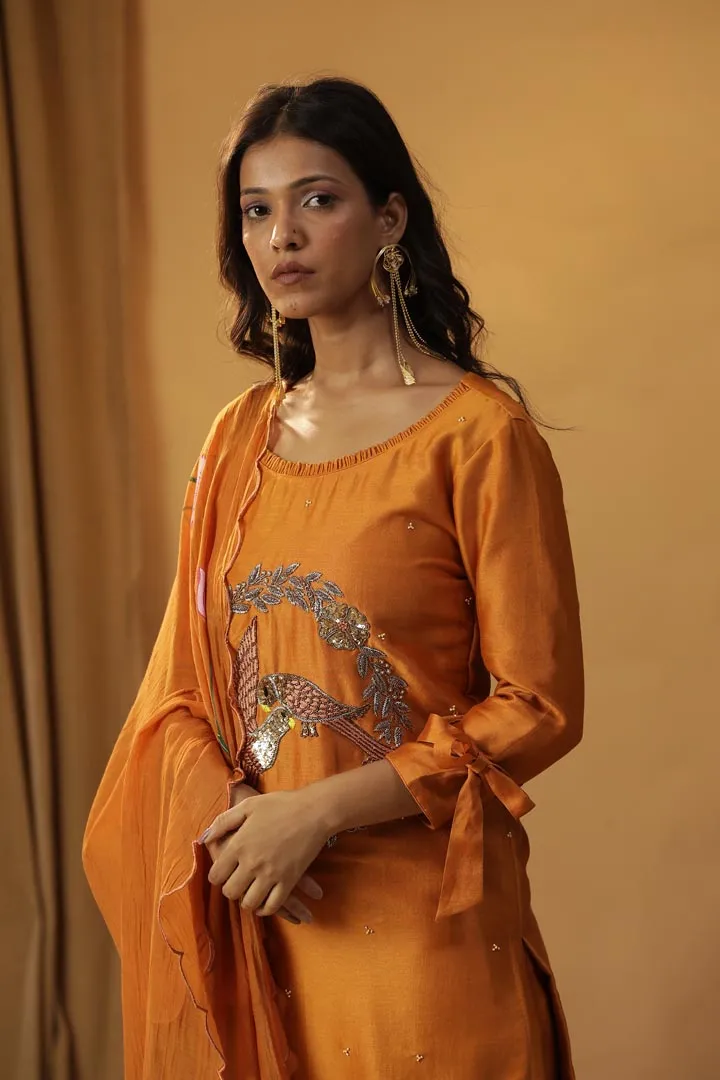 RUST ORANGE BIRD EMBROIDERED SUIT SET