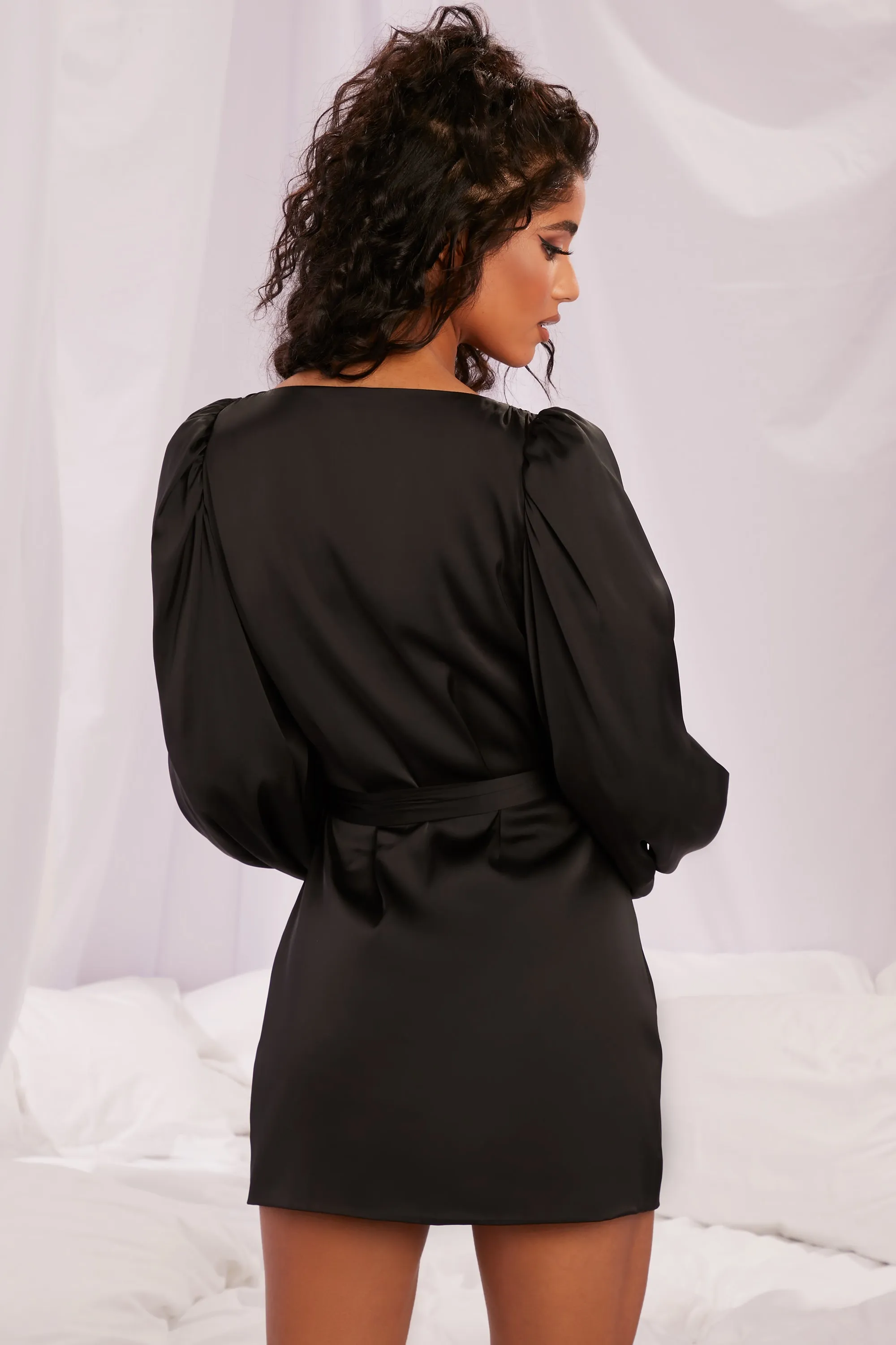 Satin Balloon Sleeve Robe in Black