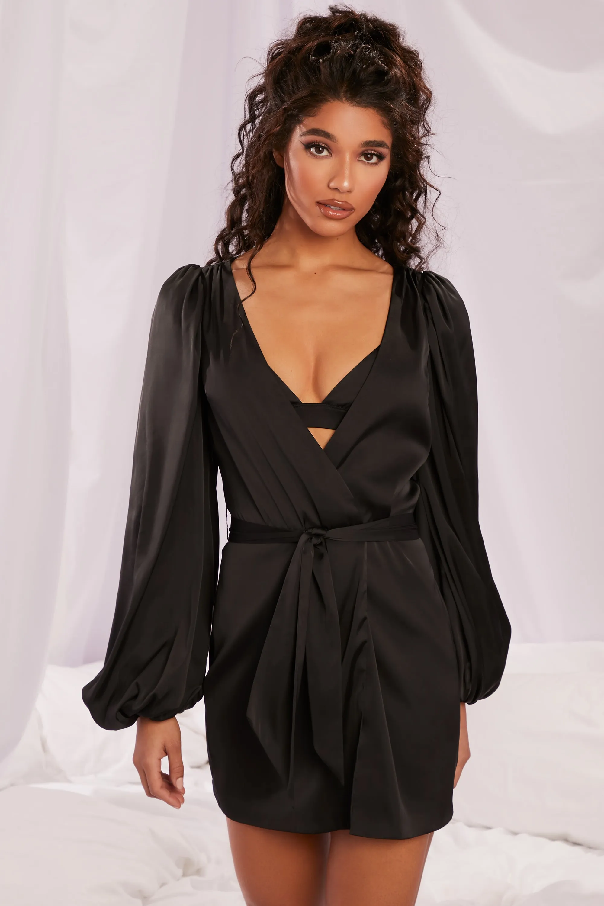 Satin Balloon Sleeve Robe in Black