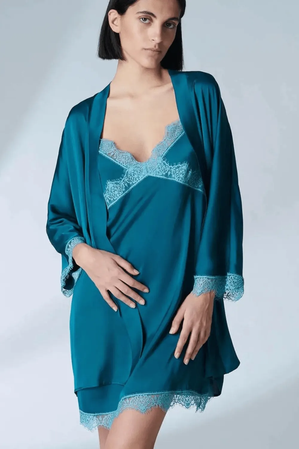 Satin Secrets Kimono Cyan Blue, Size L (UK 12-14)