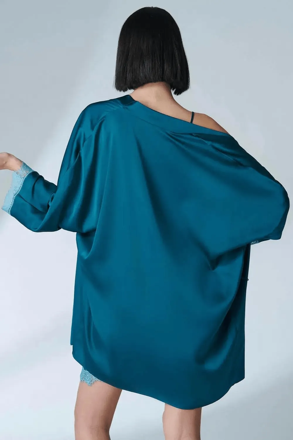 Satin Secrets Kimono Cyan Blue, Size L (UK 12-14)