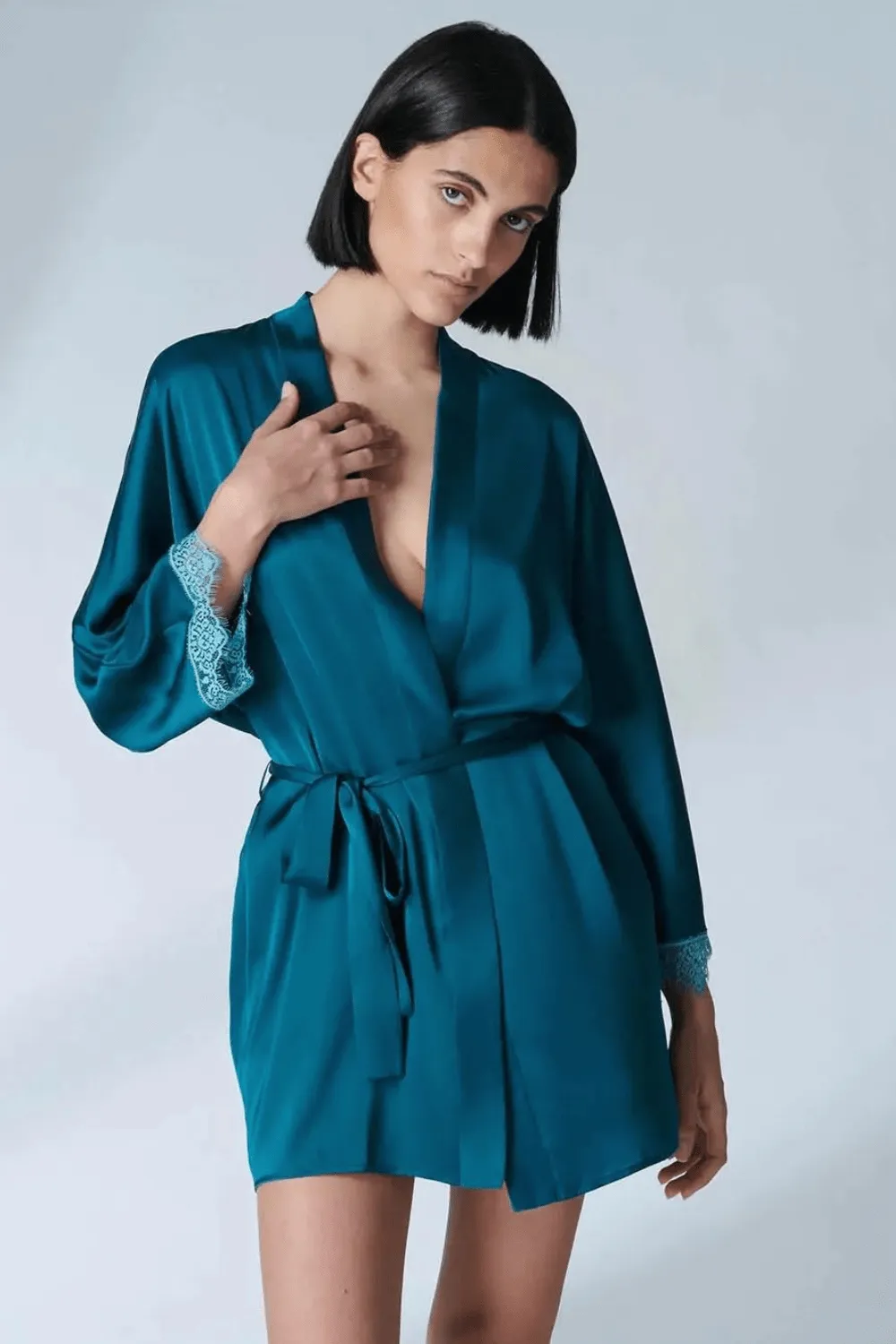 Satin Secrets Kimono Cyan Blue, Size L (UK 12-14)