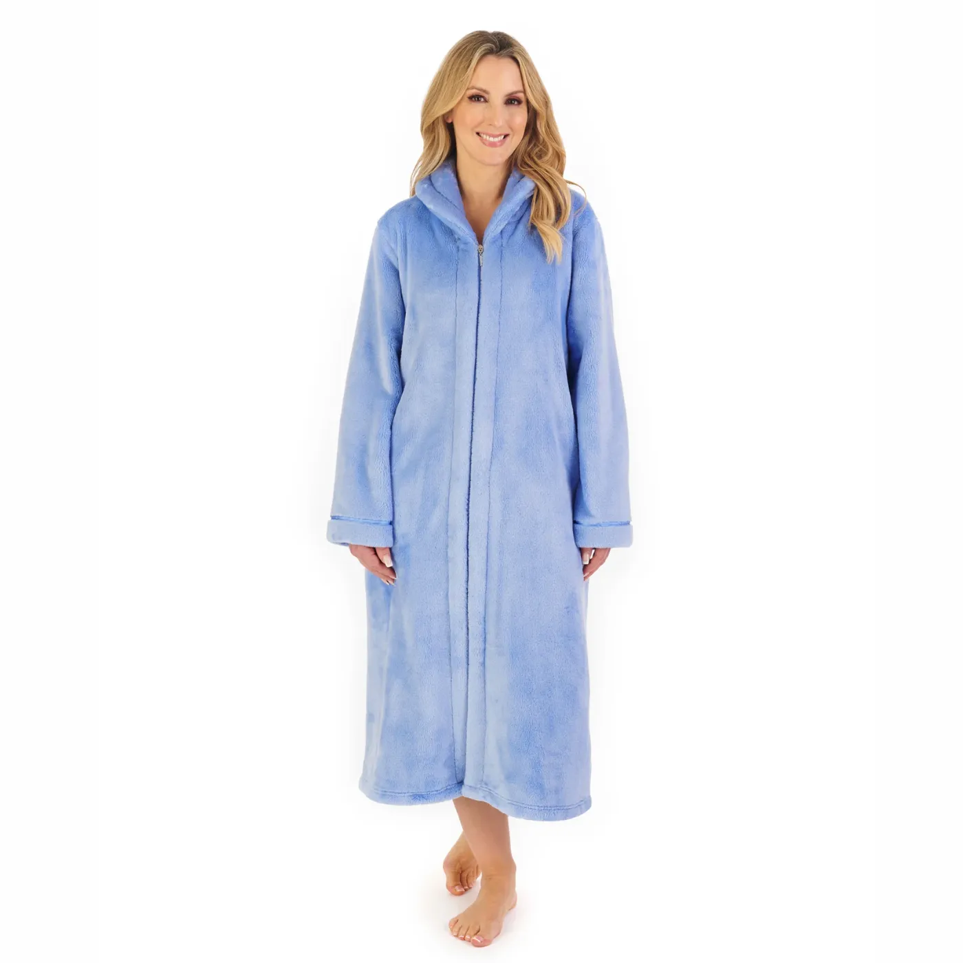 Slenderella Luxury Flannel Fleece Zip Through Housecoat | Blue