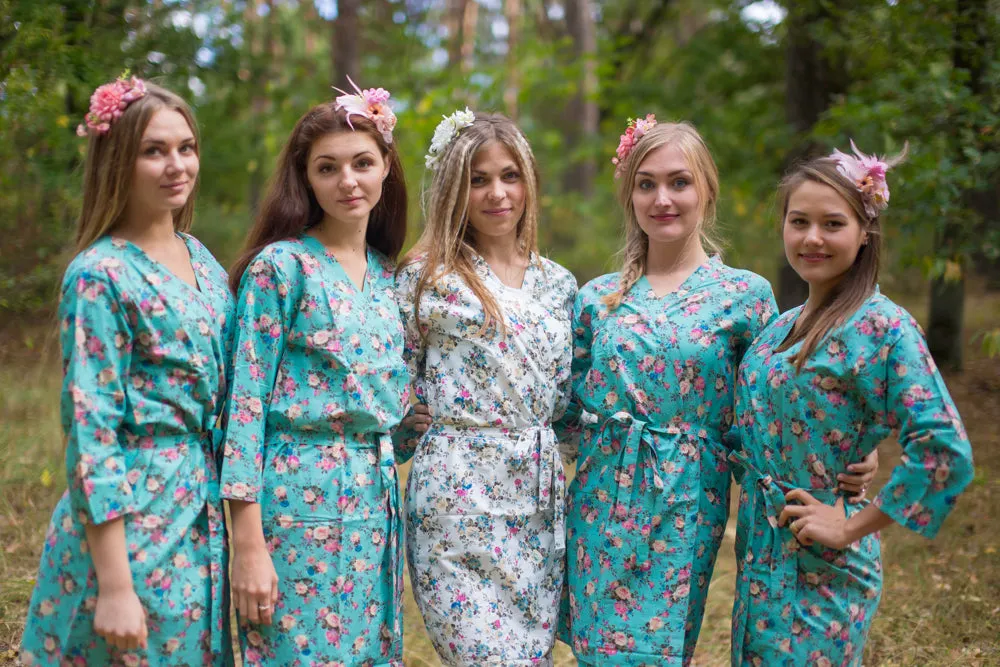 Teal Vintage Chic Floral Pattern Bridesmaids Robes