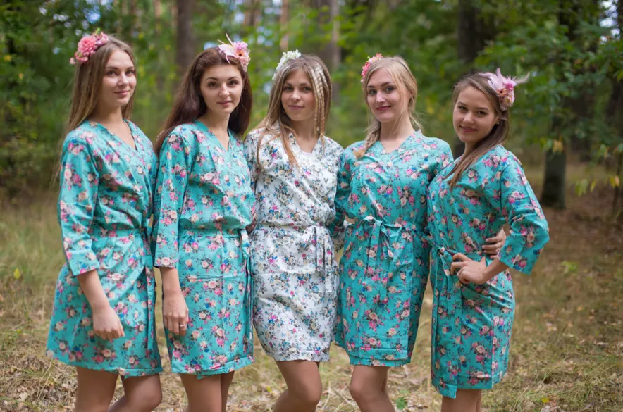 Teal Vintage Chic Floral Pattern Bridesmaids Robes