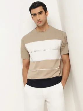 WES Lounge Beige Colour-Block Cotton Blend Relaxed Fit T-Shirt