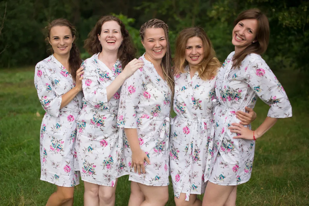 White Pink Teal Romantic Flowers Pattern Bridesmaids Robes