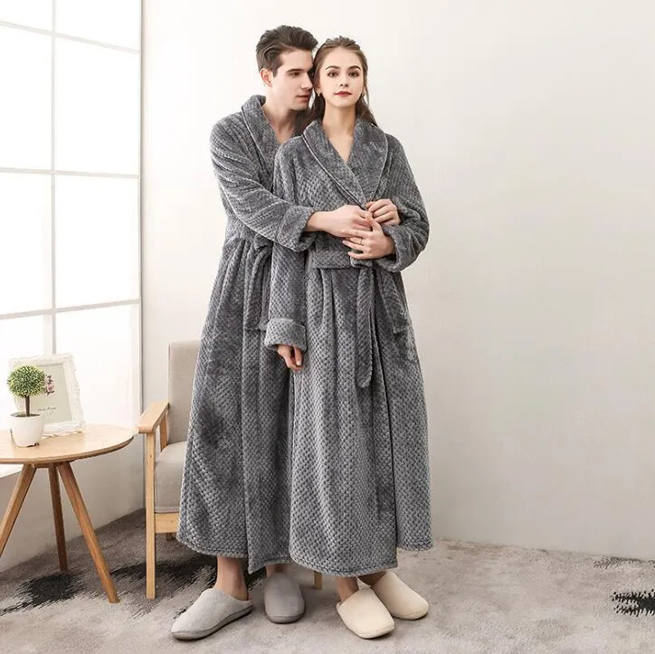 Winter Male Femlae Bathrobe Flannel Thick Robe Long Sleeve Soft Warm