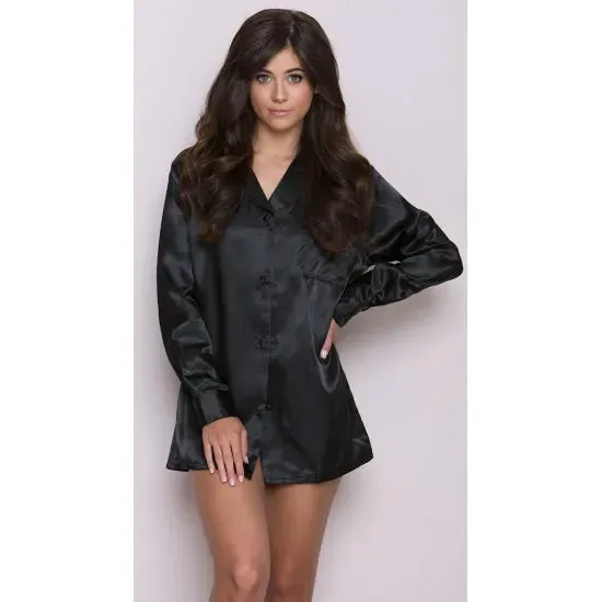 Women'S Black Satin Buttondowm Sleepwear Shirt. Sm-225