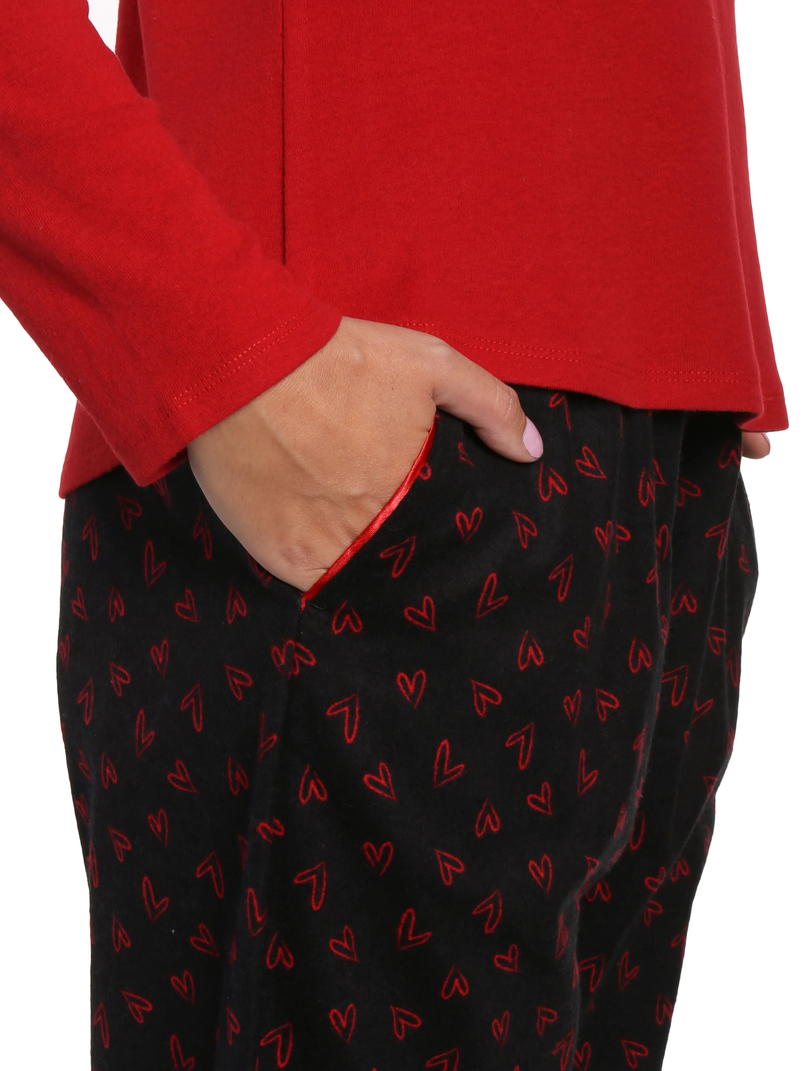 Womens Premium Cotton Flannel Loungewear Set - Doodle Hearts Black-Red