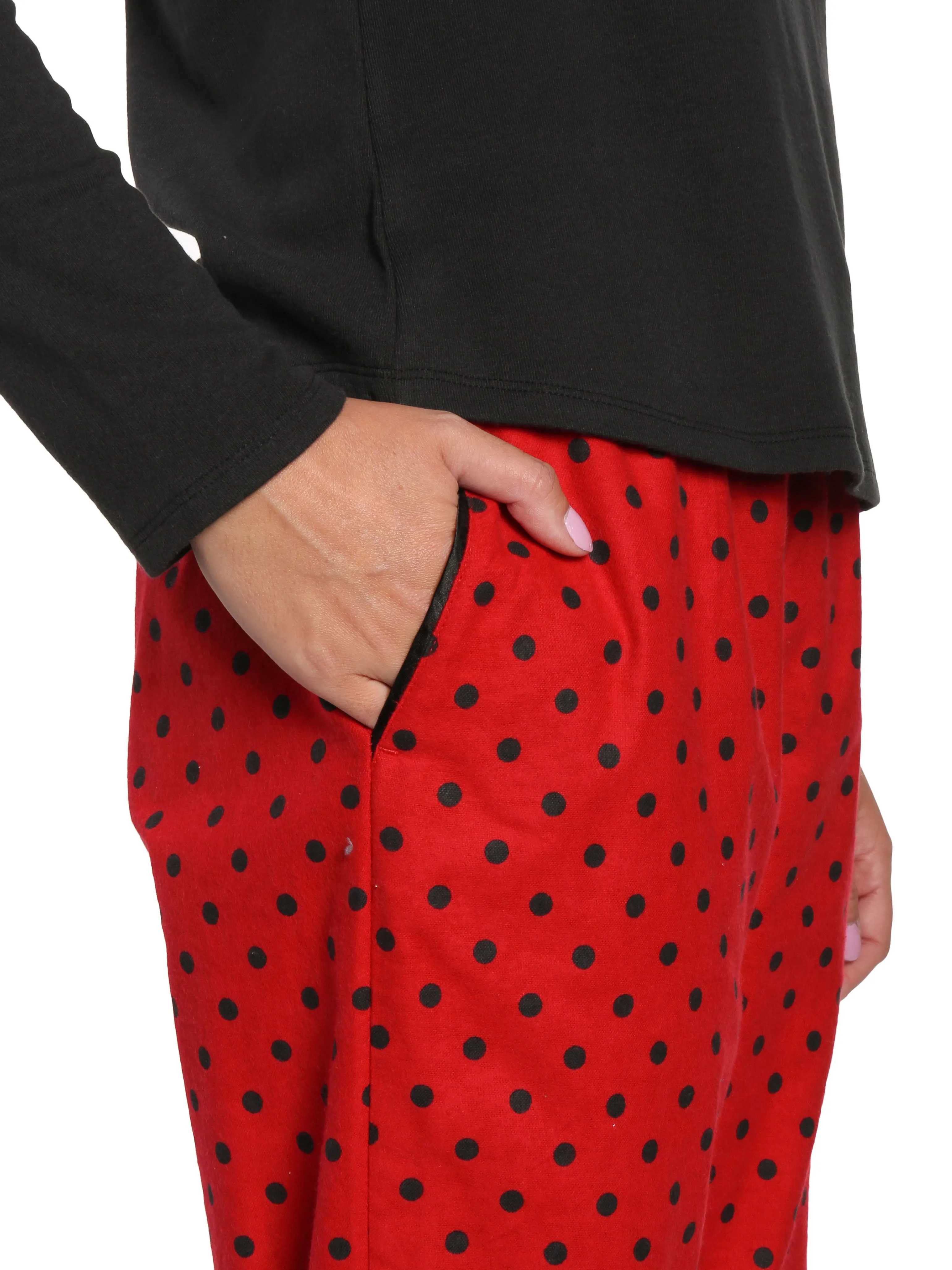 Womens Premium Cotton Flannel Loungewear Set - Dots Diva Red-Black