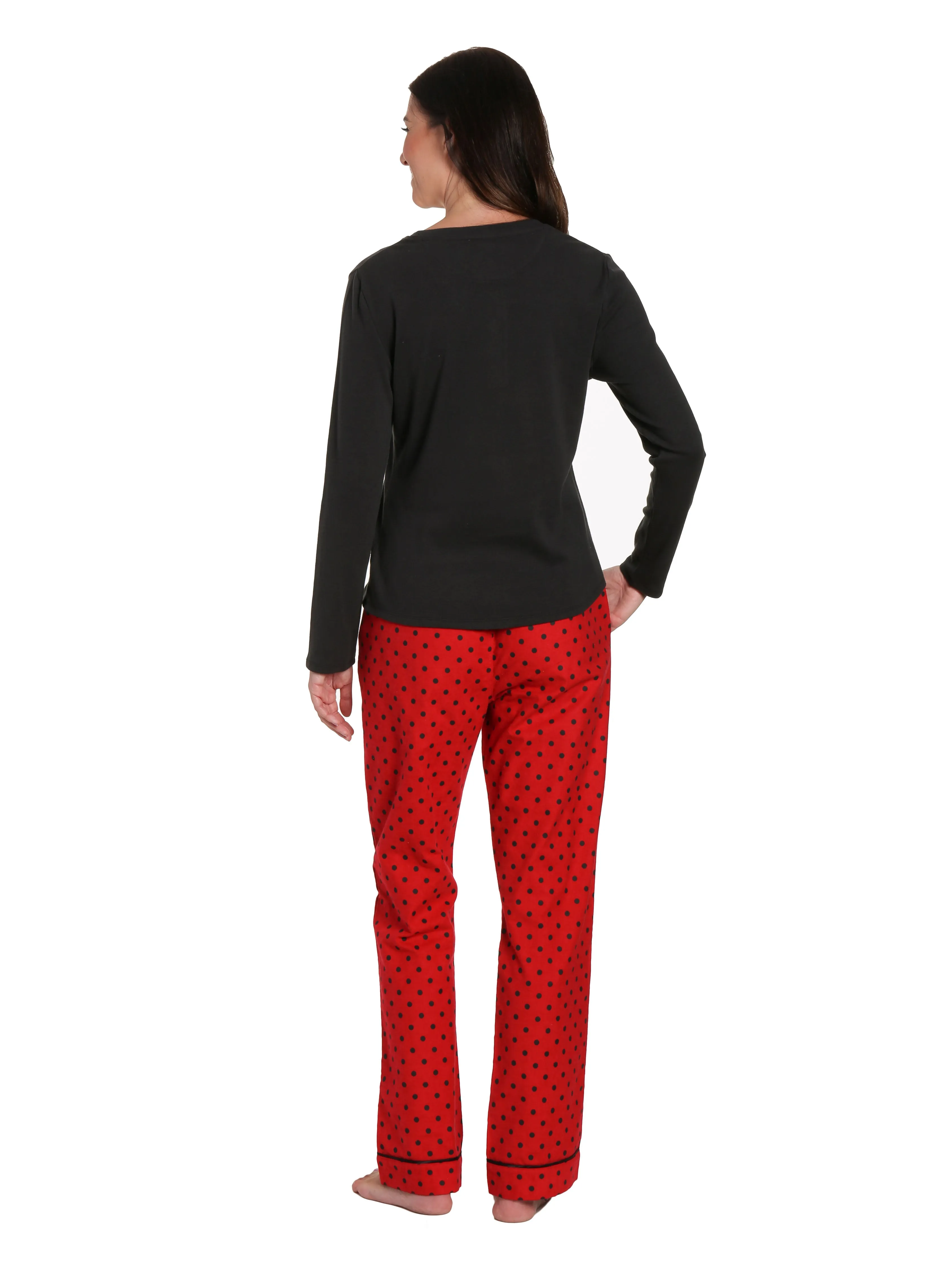 Womens Premium Cotton Flannel Loungewear Set - Dots Diva Red-Black