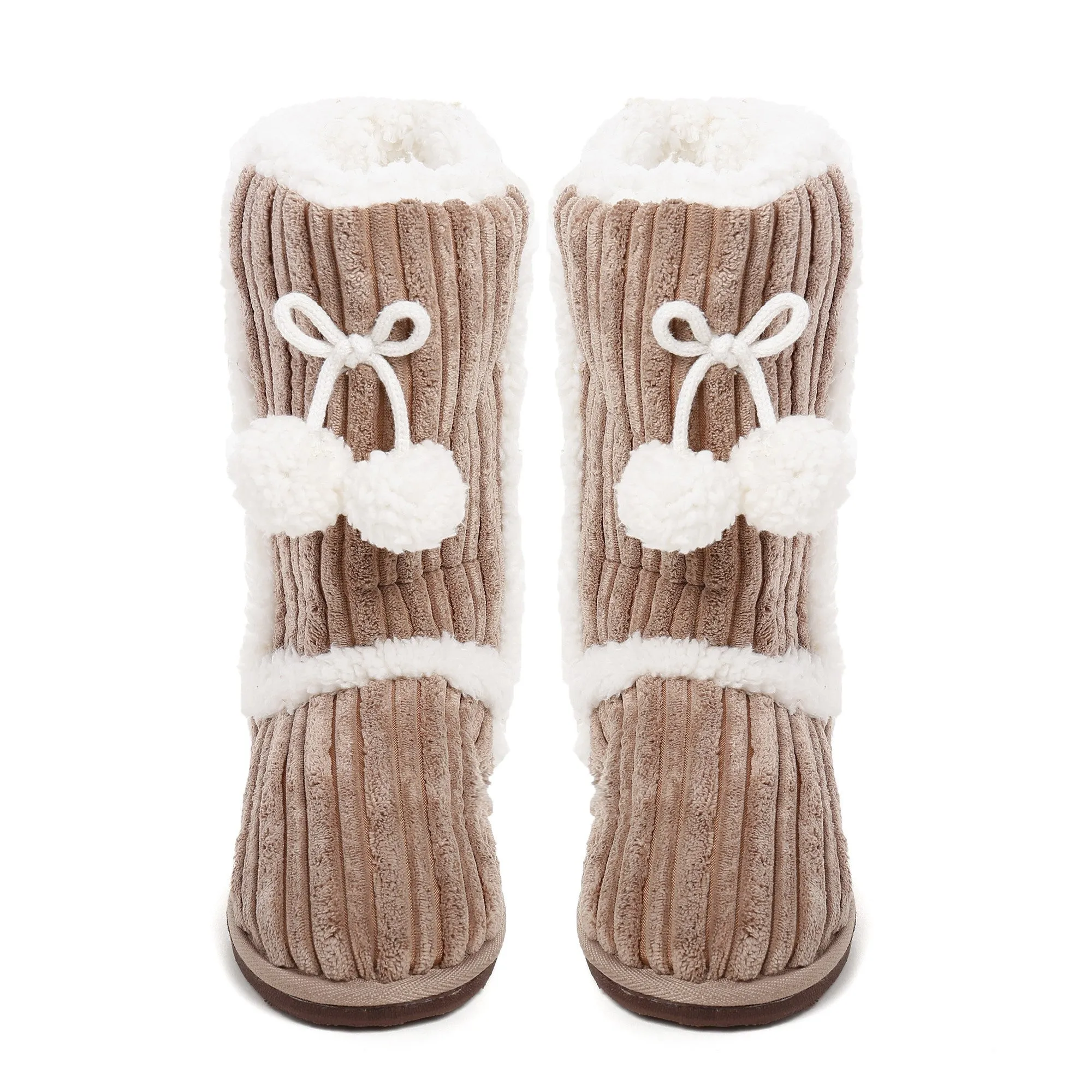 Women's Textured Shearling Tall Boot Slipper with Pom Detail