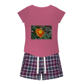 Yellow Red Flower Women's Sleepy Tee and Flannel Short