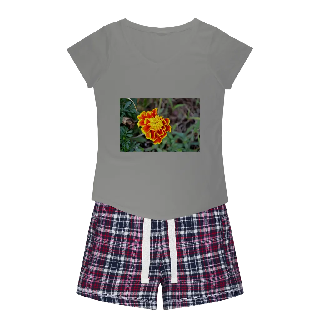 Yellow Red Flower Women's Sleepy Tee and Flannel Short