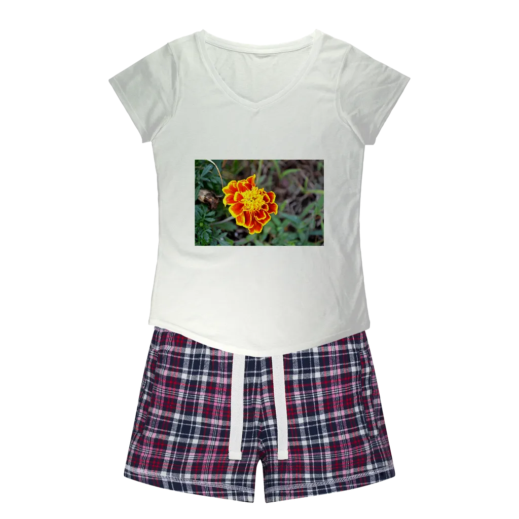 Yellow Red Flower Women's Sleepy Tee and Flannel Short